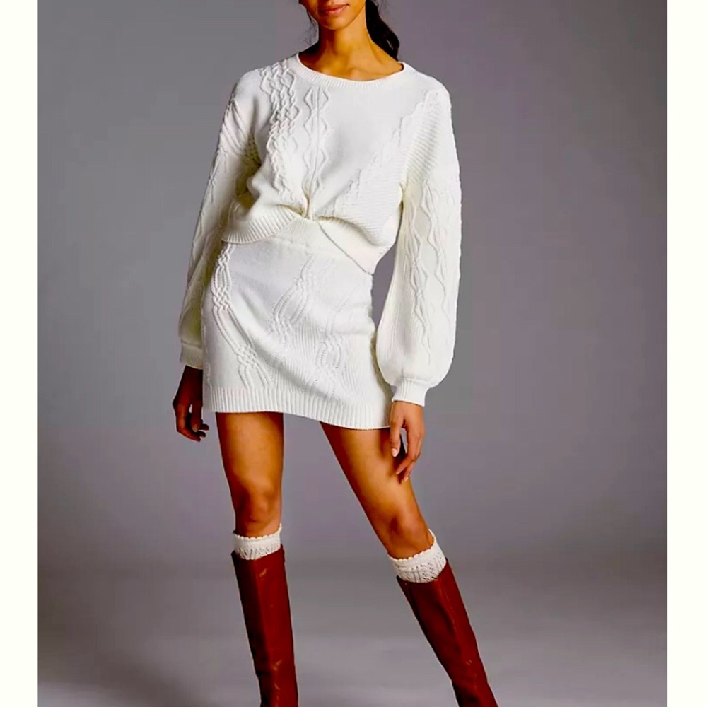 Anthropologie Maeve Cable-Knit Sweater Skirt Set size Small (Ivory)